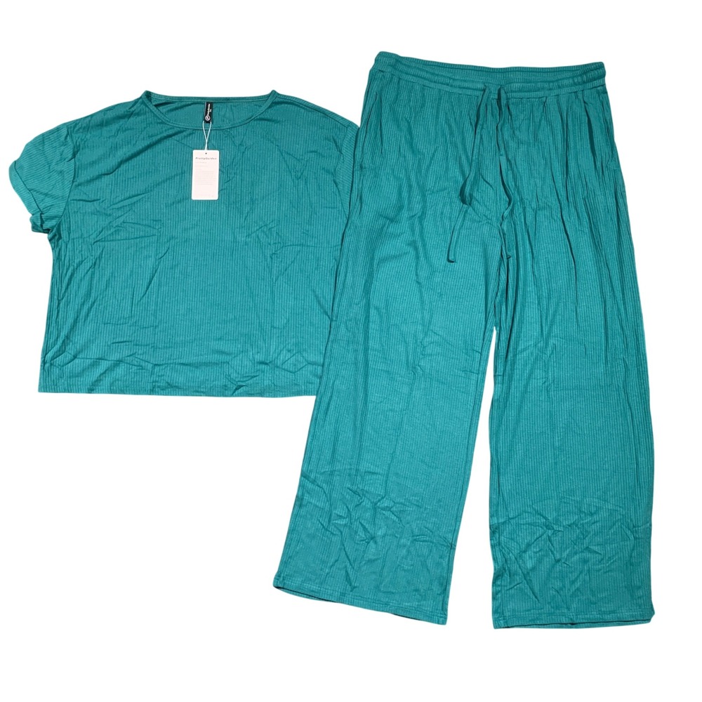 Brand New Women's Size XXL Teal Ribbed Lounge‎ Set Top Pants Viscose Elastane
